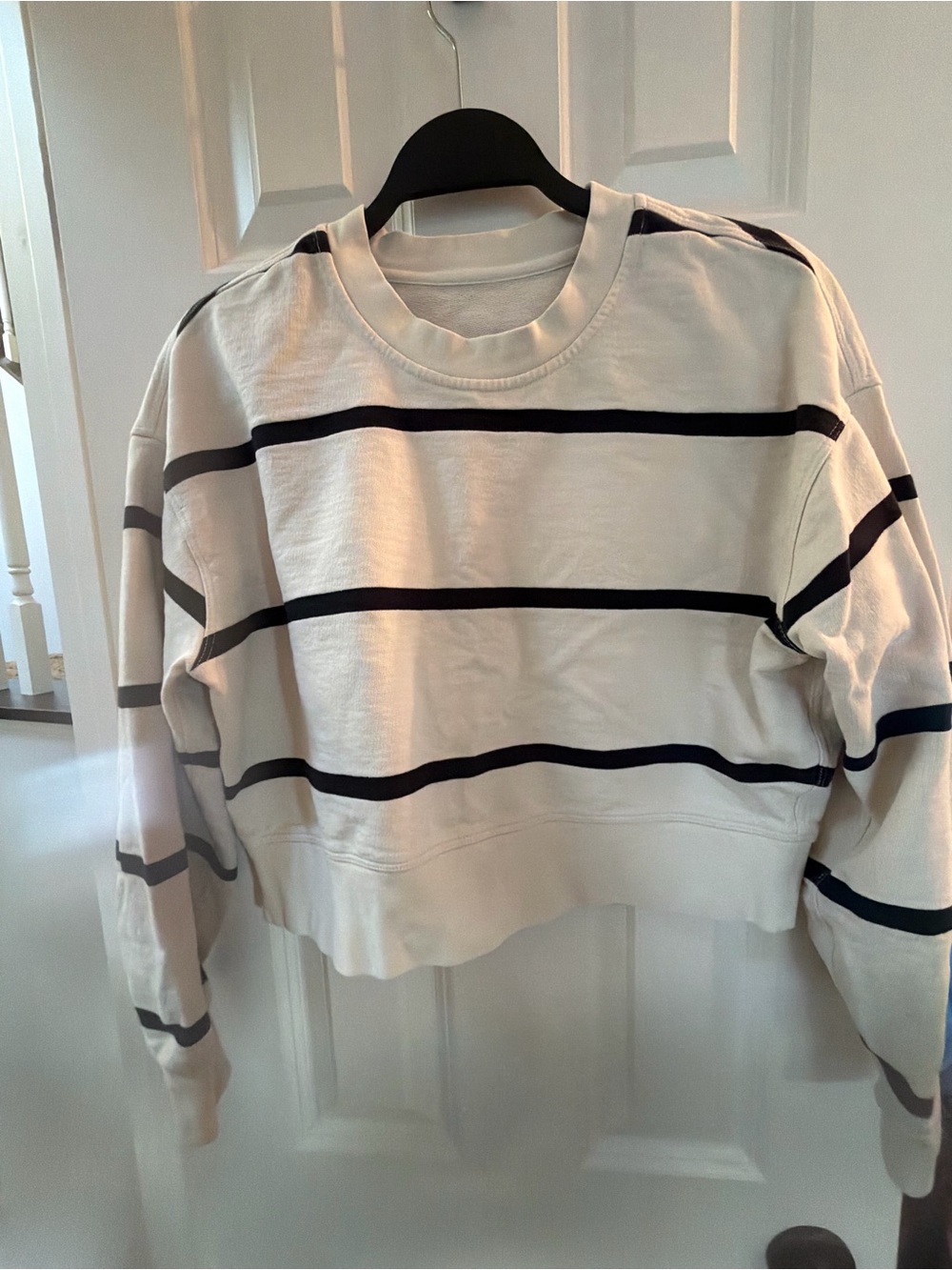 lululemon athletica White Cropped Crewneck Sweatshirt with Navy Stripes 4 or 6